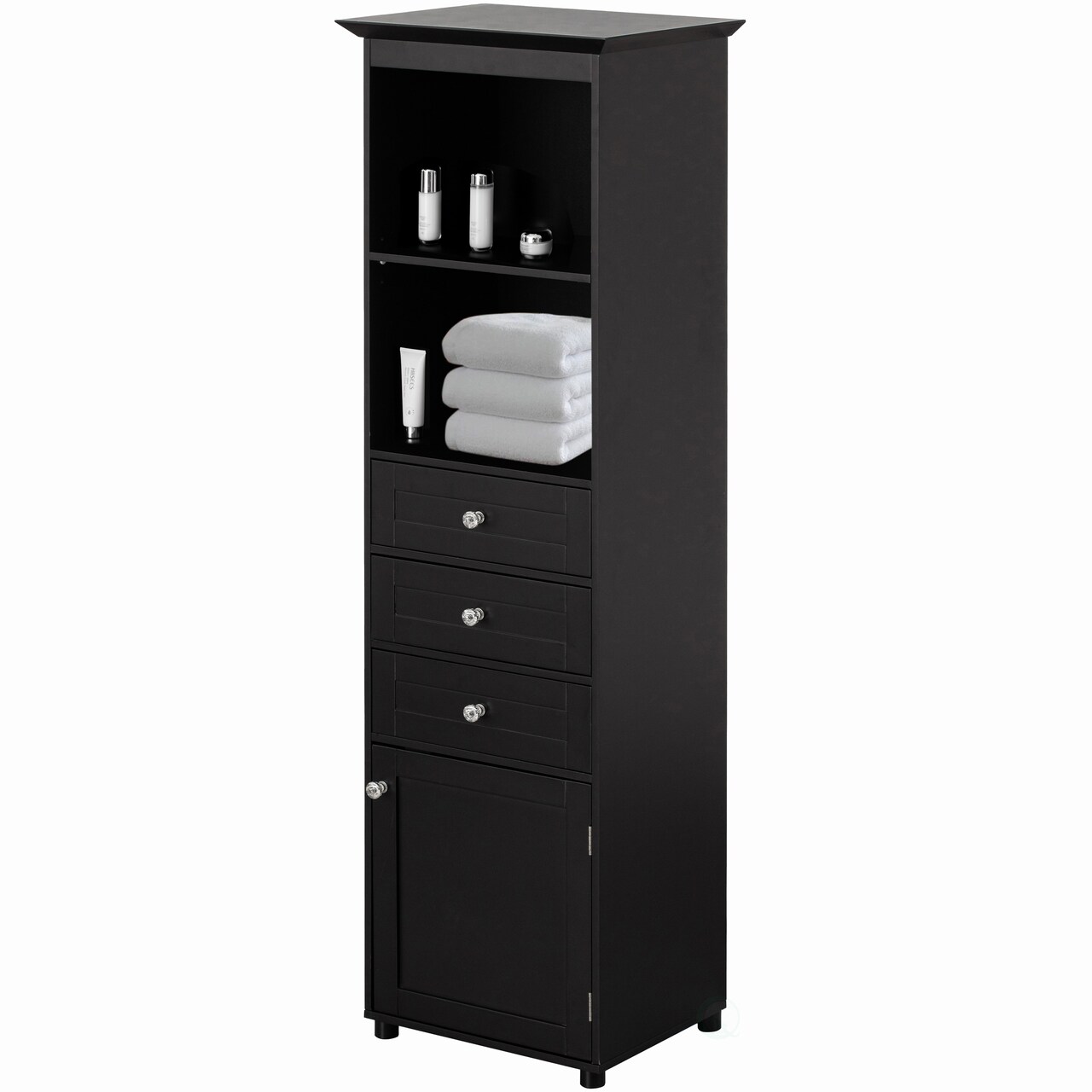 Tall Freestanding Storage Organizer Linen Tower, Vanity Closet, Bathroom Cabinet with 2 Open shelves, 3 Drawers, and a Closet